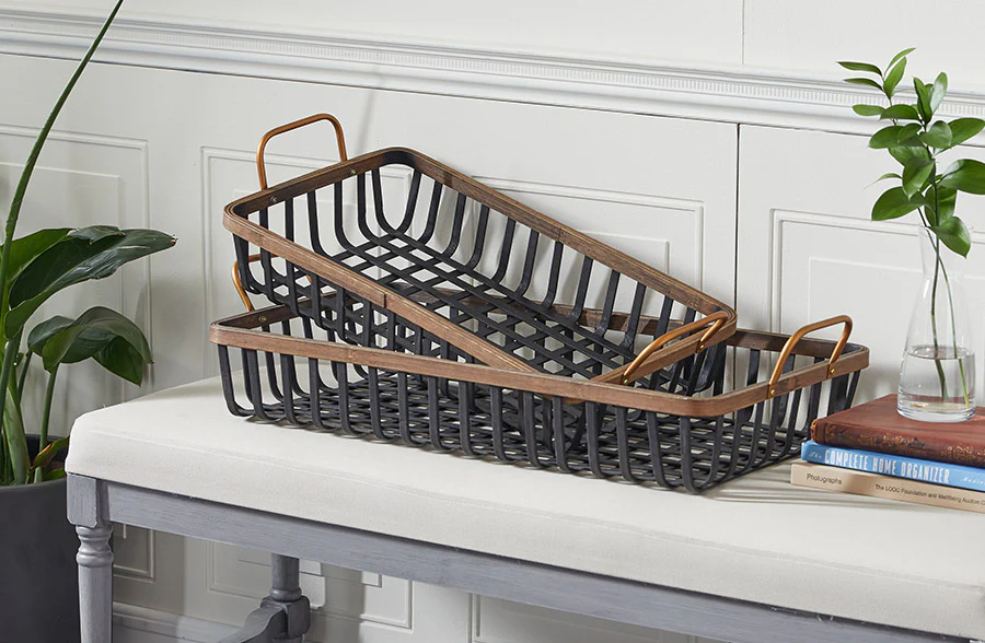 Open Weave Bamboo Framed Trays, Set of Two