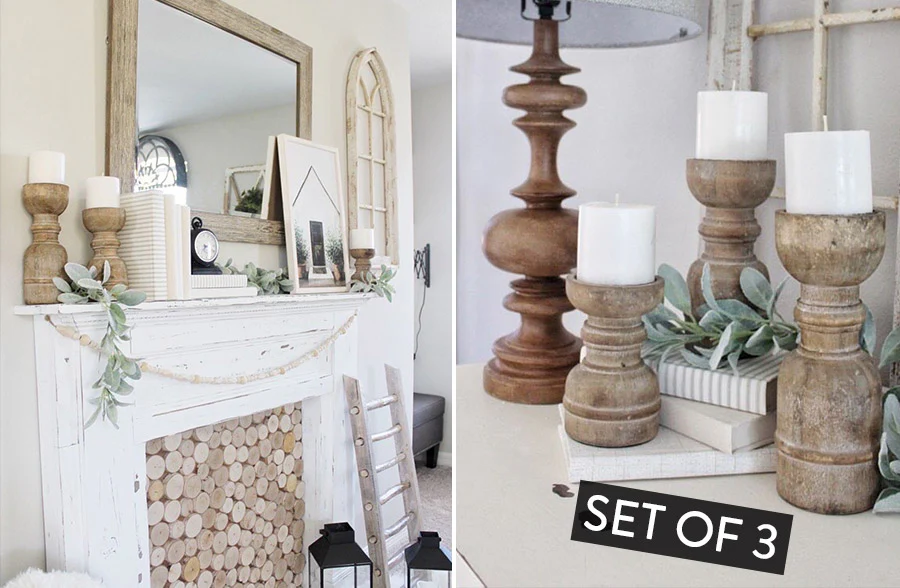 Chunky Wooden Spindle Candle Holders, Set of 3