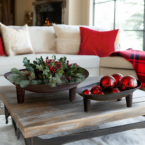 Distressed Oval Iron Bowls, Set of Two