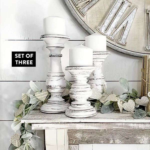 Large Wooden Vintage Candle Holders, Set of 3