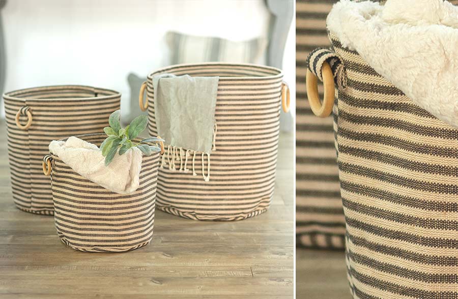 Striped Canvas Baskets with Wood Handles, Set of 3