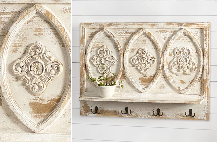 Chippy Wooden Shelf with Hooks