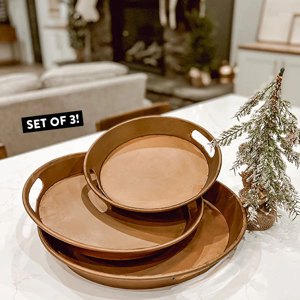 Set of Three Round Copper Finish Trays