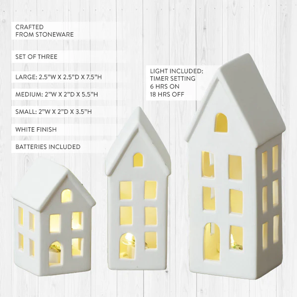 Modern Stoneware Lighted Houses, Set of 3