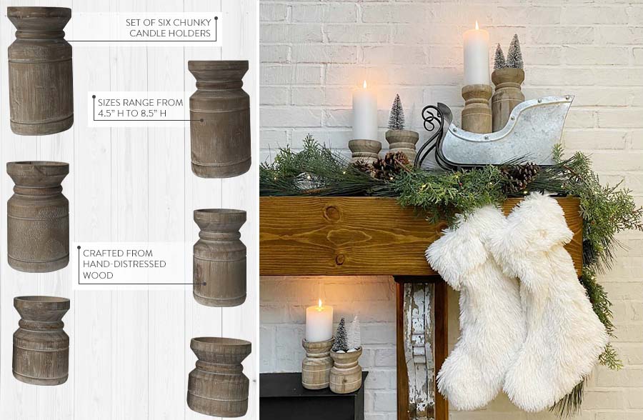 Distressed Wood Chunky Candle Pillars, Set of 6
