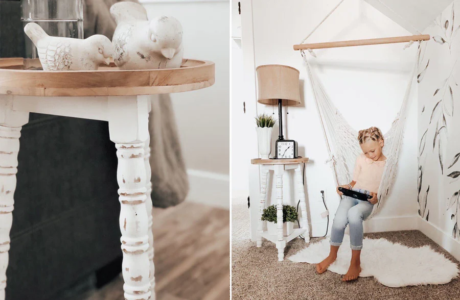 Distressed White Wood Round Accent Table with Removable Tray Top