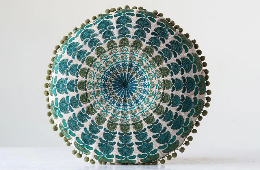 Chambray Pillow with Pom Poms