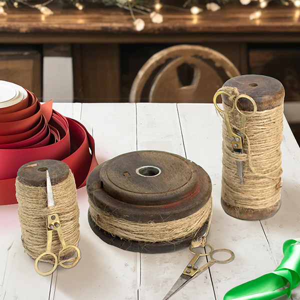 Vintage Inspired Wooden Spools with Twine and Scissors, Set of 3